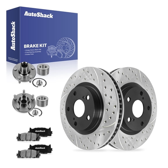 AutoShack Front Vented Drilled & Slotted E-Coated Brake Rotors   Ceramic Pads   Hub Bearing Assembly 8-PC Brake Kit Replacement for 2007-2011 Toyota Camry ShadowGuard 11.65" (296 mm)