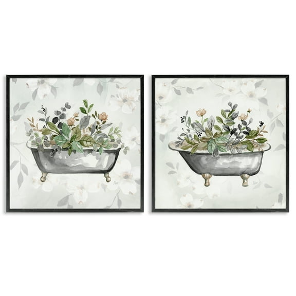 Stupell Industries Gray Muted Watercolor Flower Tub Bath & Laundry Painting Black Framed Art Print Wall Art, 12 x 12, Set of 2