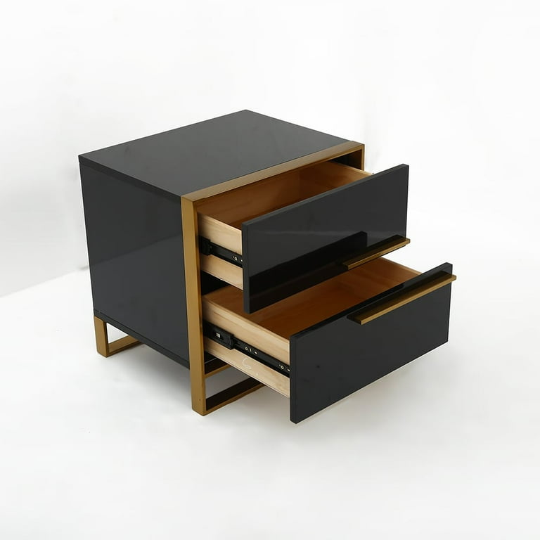 Homary Modern 2 Drawers Black Lacquer Nightstand in Gold