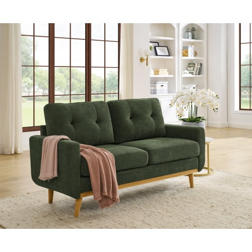 67.7 Inch Mid-Century Modern Upholstered Loveseat Sofa, Tufted Polyester Fabric Sofa with Solid Wood Legs for Living Room, Lounge, Antique Green