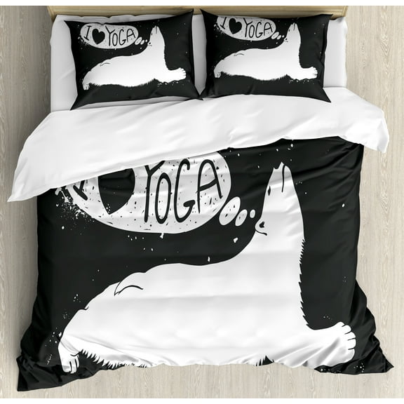 Yoga Duvet Cover Set, Polar Bear Saying I Love Yoga Grunge Wildlife Illustration, Decorative 3 Piece Bedding Set with 2 Pillow Shams, Queen Size, Charcoal Grey White, by Ambesonne
