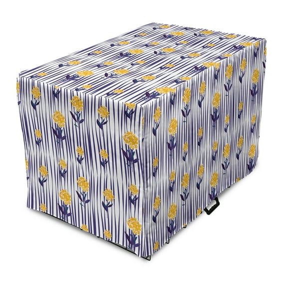 Floral Dog Crate Cover, Spring Season Repeating Pattern Chrysanthemum Flowers on Striped Background, Easy to Use Pet Kennel Cover Small Dogs Puppies Kittens, 7 Sizes, Indigo Earth Yellow, by Ambesonne
