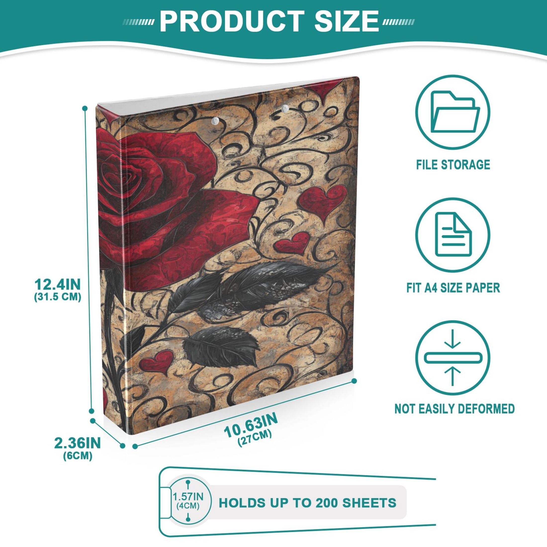 Ring Binders Red Rose Pattern Presentation1.5-inch, Slant Ring One-Touch