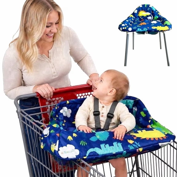 Pozico 2-in-1 Baby Shopping Cart & High Chair Cover, Universal Fit, Blue Dinosaur Print, with Storage Pouch, Machine Washable