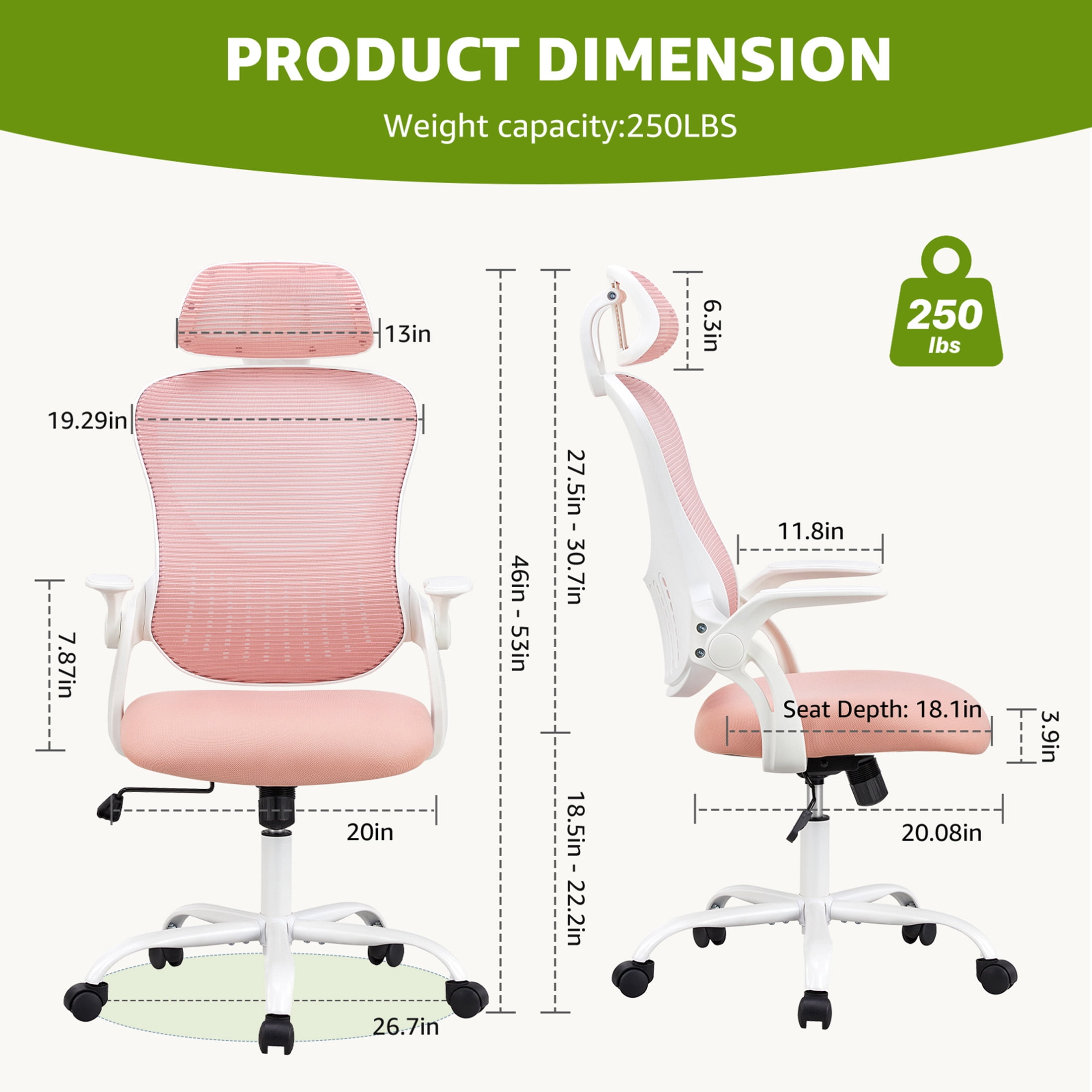 JOINSUN Office Computer Desk Chair, Ergonomic High-Back Mesh Work Chairs with Wheels and Adjustable Headrests, Pink