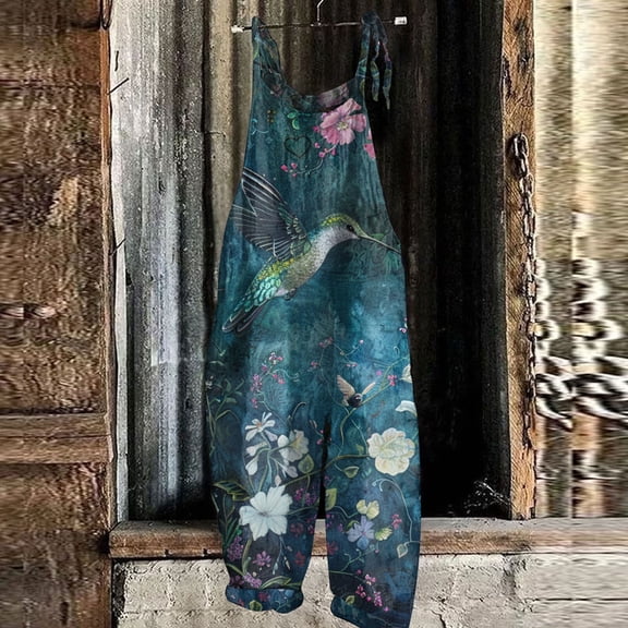 Summer Plus Size Boho Overalls for Women Hippie Cloth Floral Printed Jumpsuits Spaghetti Strap Rompers Blue M