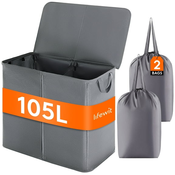 Lifewit 105L Double Laundry Hamper with Lid and Removable Laundry Bags, Divided Laundry Basket with Handles, Large Separated Clothes Basket for Bedroom, Bathroom, College Dorm, Laundry Sorting, Gray
