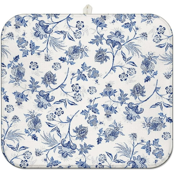 Blue Floral Dish Drying Mat for Kitchen Counter, French Farmhouse Style Microfiber Drying Rug, Washable and Absorbent Kitchen Countertop Dish Drainer, 16x18 Inch