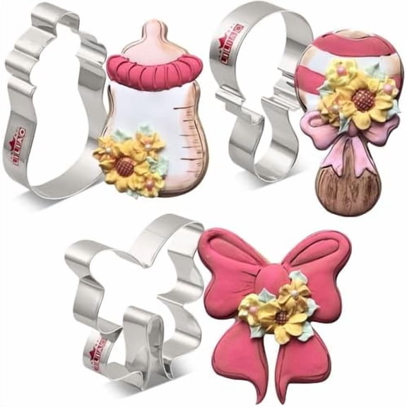 Baby Shower Cookie Cutter Set - 3 Piece - Bottle, Rattle and Bow/Ribbon Biscuit Fondant Cutters - Stainless Steel