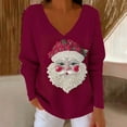 thumbnail image 4 of Womens Tops Christmas Printed Long Sleeved V-neck Loose Casual Coarse Woven Pit Stripe Hoodie Top,Blouse for Women Wine L, 4 of 5