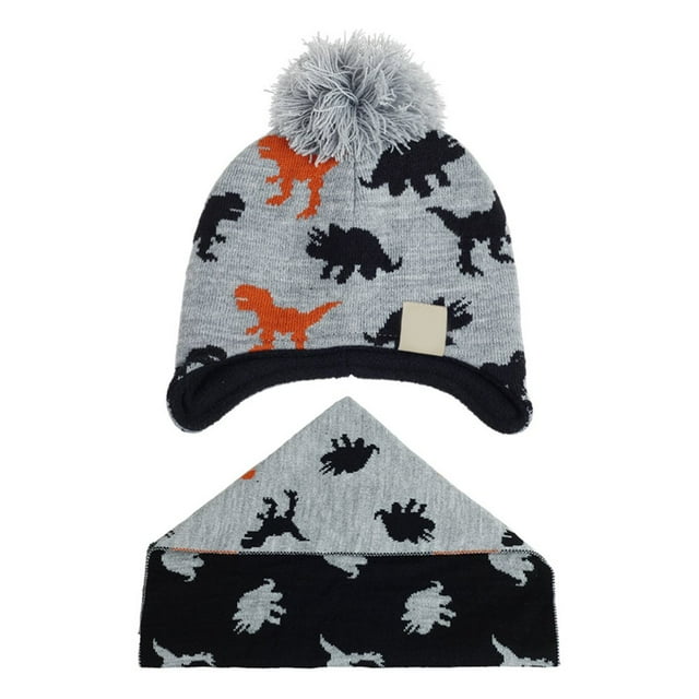 MesaSe Baby Kids Winter Ear Protection Beanie Warm Pompom Hat Dinosaur Print Scarf Set