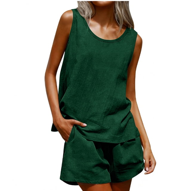 Set de Mesa Redonda Blusa sin Mangas de las Mujeres con Pantalones de Bolsillo Sueltos Dos Piezas Vestido de Verano Casual