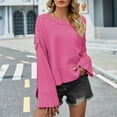 thumbnail image 2 of Pullover Crewneck Knit Cropped Sweaters Women Fashion Bell Long Sleeve Solid Color Loose Pullover Crop Tops (L, Hot Pink), 2 of 6