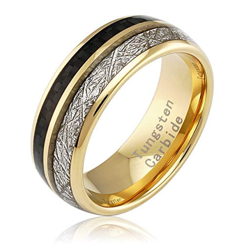 100S JEWELRY Carbon Fiber Meteorite Inlaid Gold Tungsten Rings for Men Women Wedding Band Engagement Promise Sizes 6-16 (Tungsten, 7)