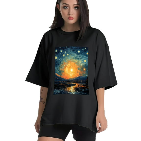 Plus Size Shirt for Women Black Tops for Women Short Sleeves Shirt for Women Night Sky T Shirt Crewneck Shirt for Women XS