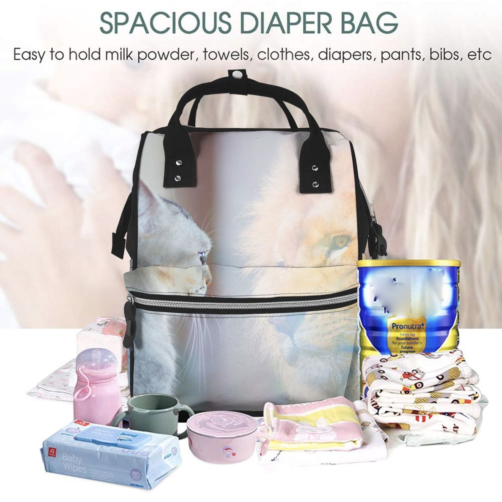 Ratiio The Cat Looks in the Mirror Mummy Backpack - Waterproof Twill Canvas, Large Capacity Diaper Bag with Multiple Pockets and Adjustable Straps