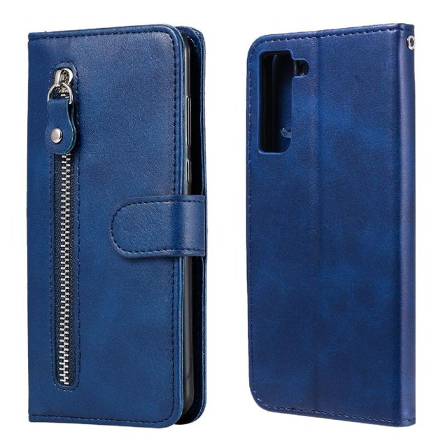 Estuche de Cuero PU con Cierre para Samsung Galaxy S21 FE 5G , Funda Protectora con Billetera y Correa