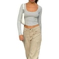 thumbnail image 1 of xiaxaixu Mode Femme Hauts Courts Sauvages Couleur Unie Côtelés Col Rond Manches Longues T-Shirts Printemps Automne Ajustés, 1 of 9
