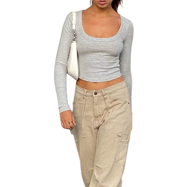 xiaxaixu Mode Femmes Crop Tops Couleur Unie Côtelé Col Rond Manches Longues T-Shirts Printemps Automne Ajusté Chemises de Base