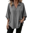 thumbnail image 2 of ClodeEU Women's Collar V Neck Batwing 3/4 Dolman Sleeve Blouse,Solid Curved Hem Casual Loose Shirt Top Gray,Women's Plus XL, 2 of 9