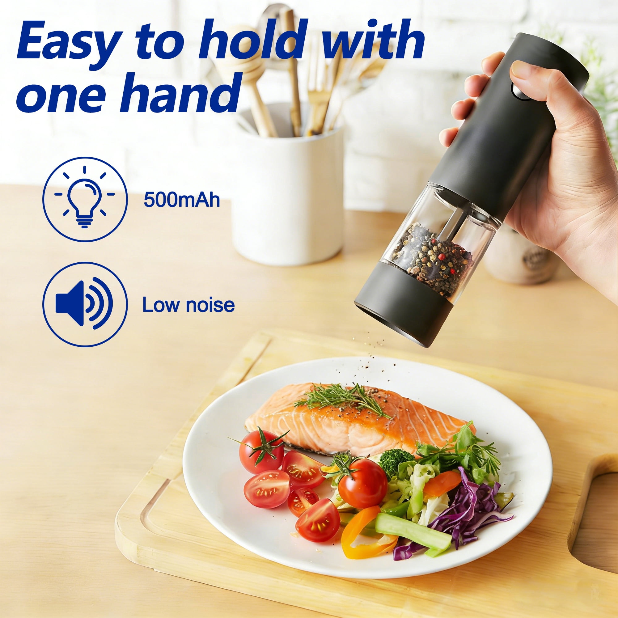 Electric Salt and Pepper Grinder Set, Automatic Salt Pepper Mill Grinder, Rechargeable Salt and Pepper Shakers Mills, Adjustable Coarseness One Hand Operation for Kitchen