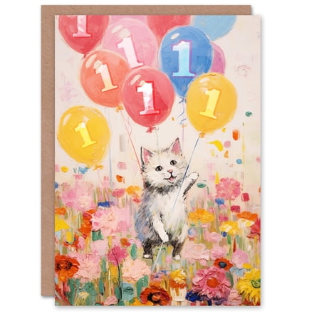 1st Birthday Greeting Card Flowers Kitty Cat Balloons Kids Age 1 Year Old Child