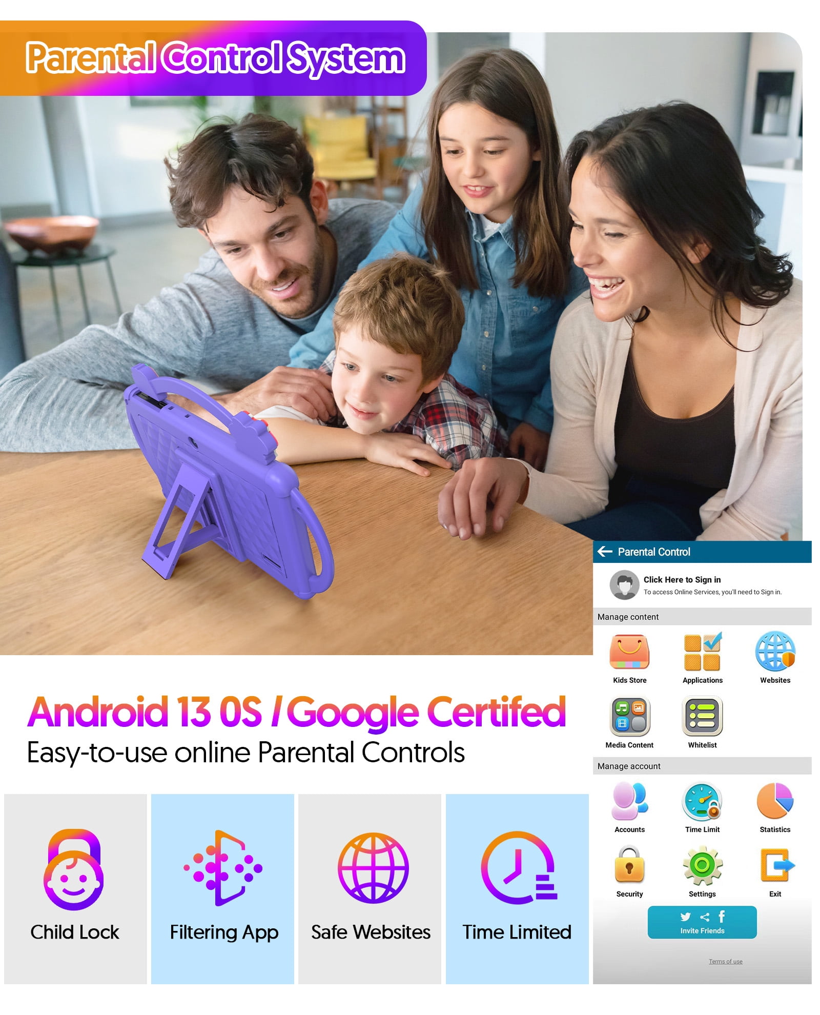 Kids Tablet, 7 inch Android 13 Tablet, Quad Core CPU, 4GB(2G+2G)RAM+32GB ROM, 1024 x 600 IPS, WiFi, Bluetooth（Blue）