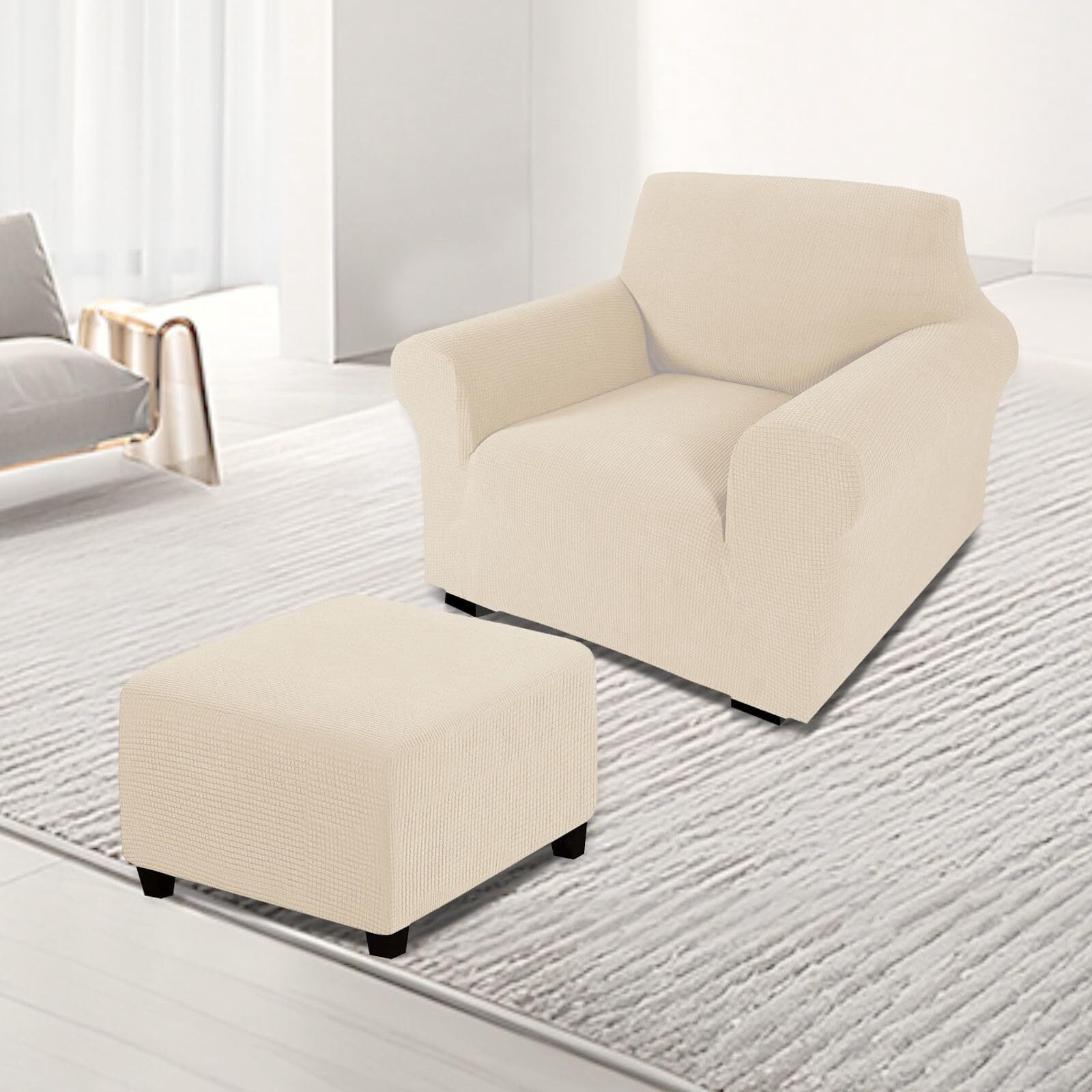 LKJYER Chair Slipcover with Ottoman Cover, Stretch Sofa Cover with Ottoman Slipcovers Removable Washable Armchair Covers Non Slip Furniture Protector