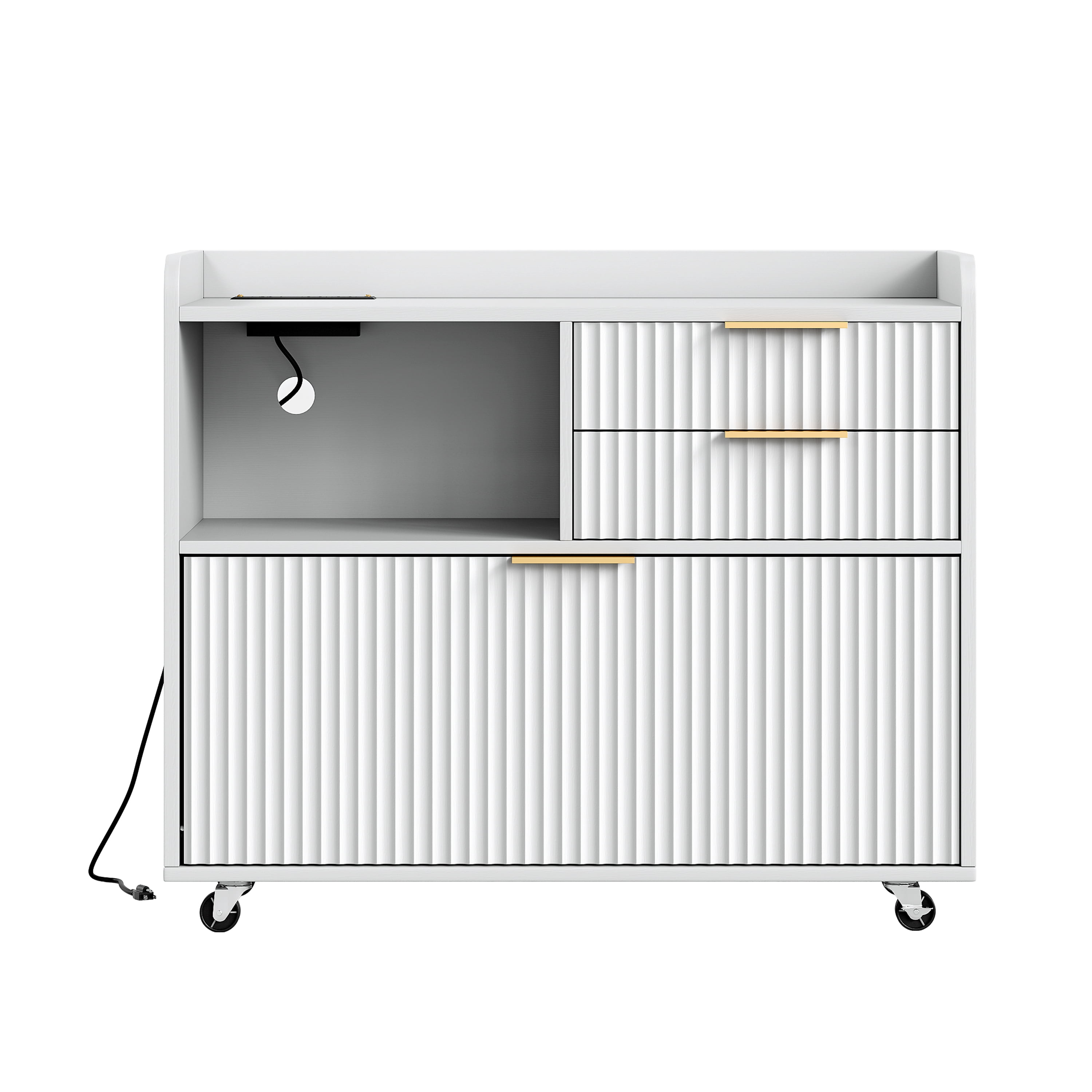File Cabinet with Charging Station and Multi Drawers, Mobile Rolling Office Storage Cart and Open Compartment Organizer for Home Office, White