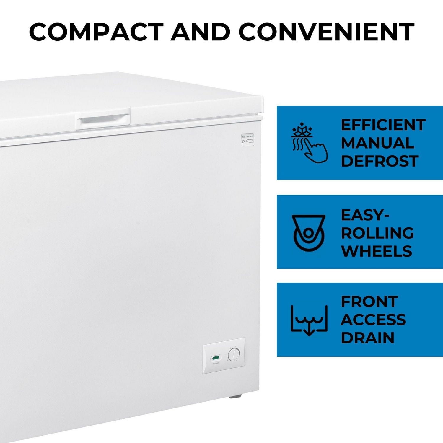 Kenmore Congélateur Coffre 8,7 pi³, 246L, Dégivrage Manuel, Couvercle à Charnière Équilibrée, Prêt pour le Garage, Blanc, Petit Congélateur