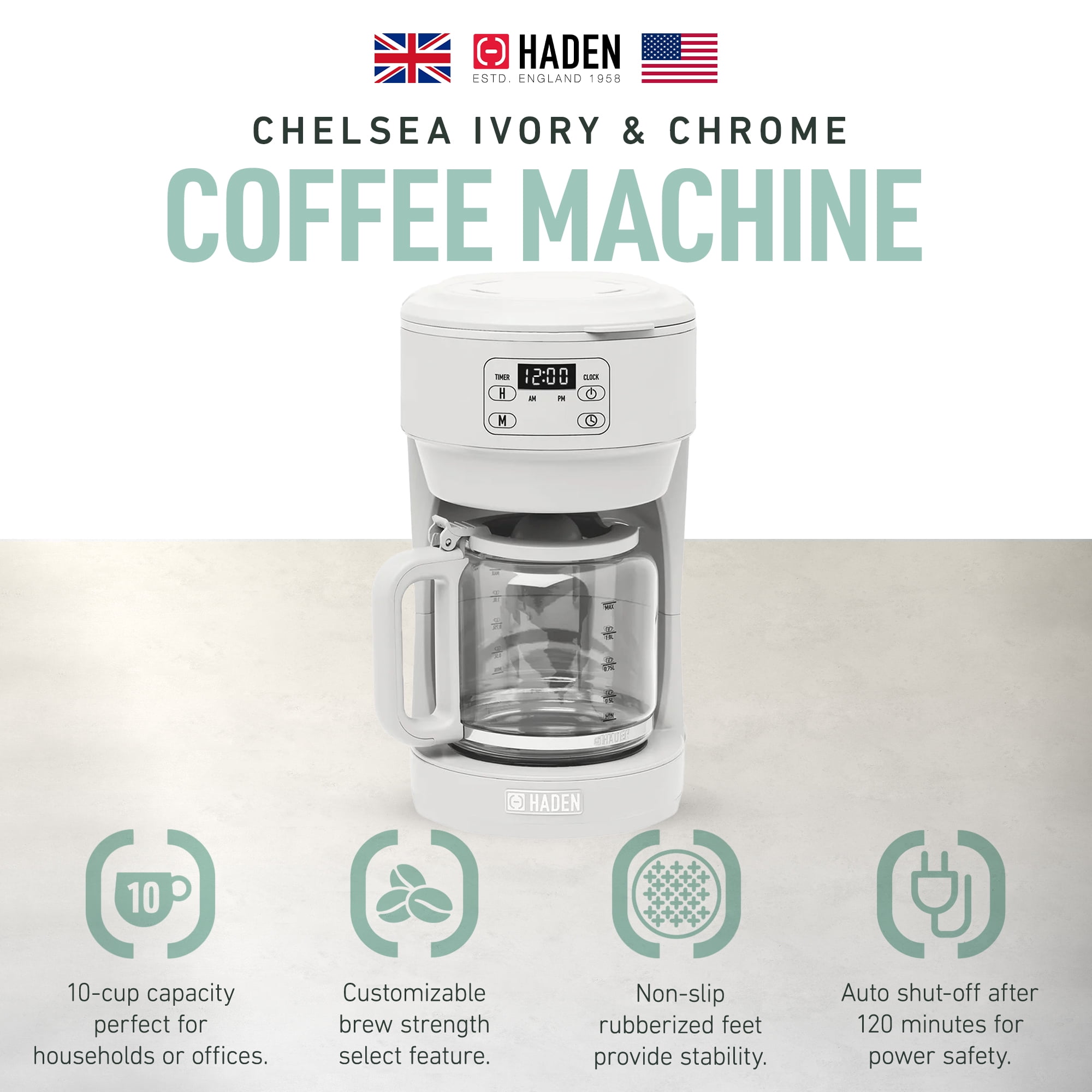 Open Box Haden Chelsea 10 Cup Drip Coffee Maker w/Glass Carafe, Ivory & Chrome