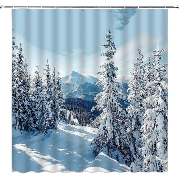Winter Forest Shower Curtain Snow Pine Tree Mountain Christmas Nature Scene Xmas Holiday Bathroom Decor Polyester Curtains with Hooks