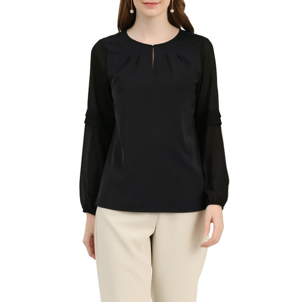INSPIRAR CHIC Blusa de gasa para mujer con cuello de ojal, mangas de patchwork, elegante top de trabajo S negro