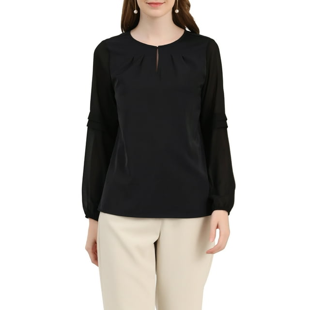 INSPIRAR CHIC Blusa de gasa para mujer con cuello de ojal, mangas de patchwork, elegante top de trabajo XS negro