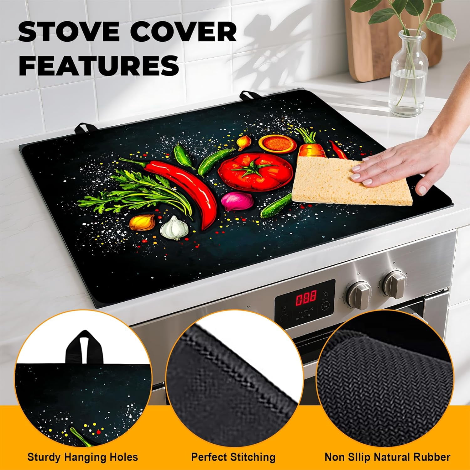 Stove Top Cover Flower Gas Stove Top Cover for Home Decoration Kitchen Pad Non-Stick Washable Cooktop Covers Countertop Protector Keep Stove Clean (Vegetable, 28L"x20W")