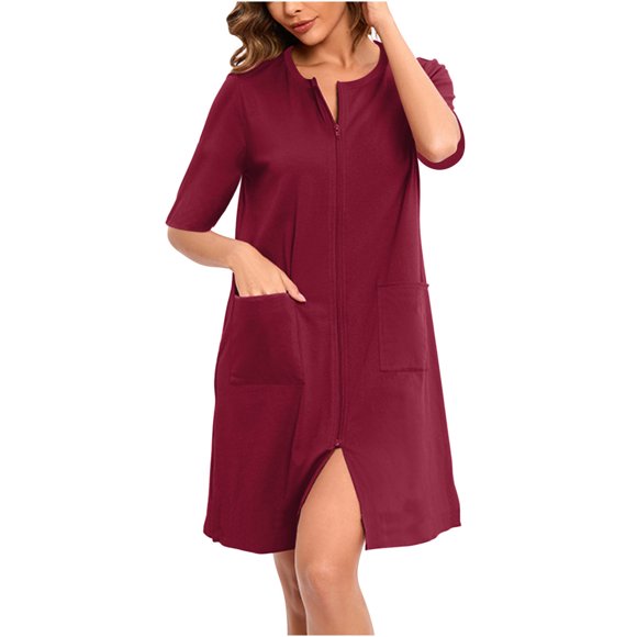 Zip Up Robe for Women Long Housecoat Soft Nightgown with Pockets