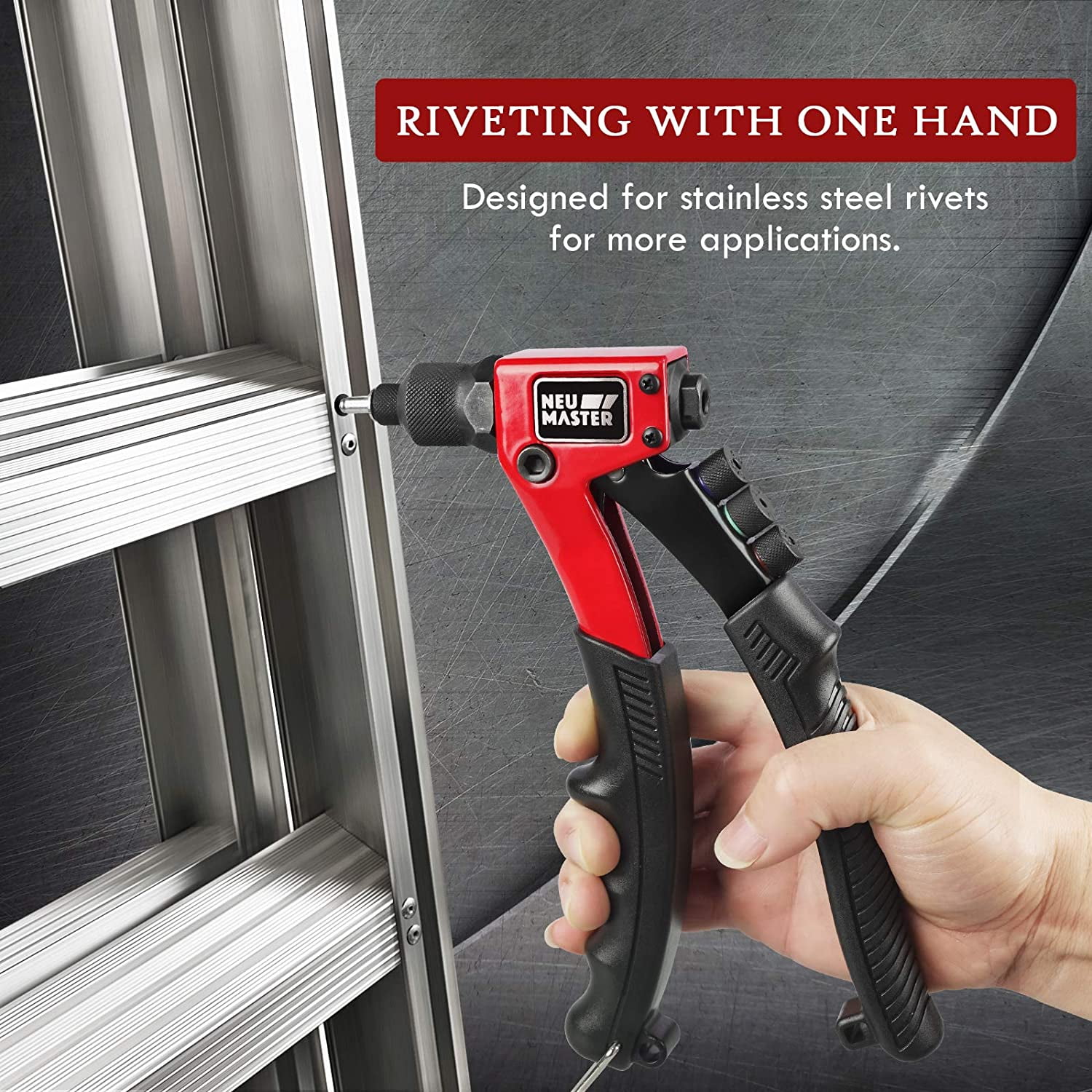 NEU MASTER Rivet Gun with 200Pcs Rivets, Manual Rivet Gun Kit with 4 Tool-Free Interchangeable Rivet Heads, BMC Case, Heavy Duty Single Hand Riveter for Plastic, Metal, Leather.