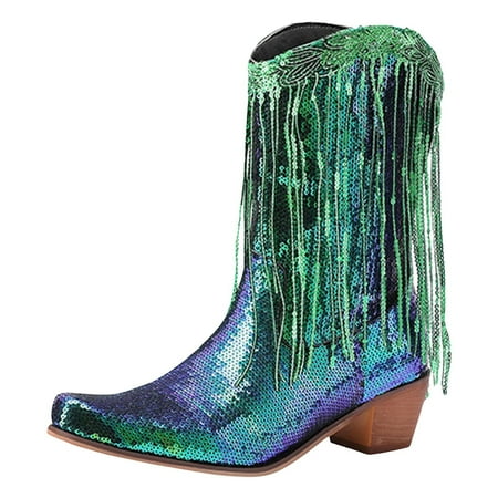 GHSOHS Cowboy Boots for Women Knee High Cowboy Boots Women s Mid Calf Boots Sequin Decoration Tassel Western Cowgirl Boots Pointed Chunky Thick Heels Riding Boots Shoes Lace Up Boots Size 41