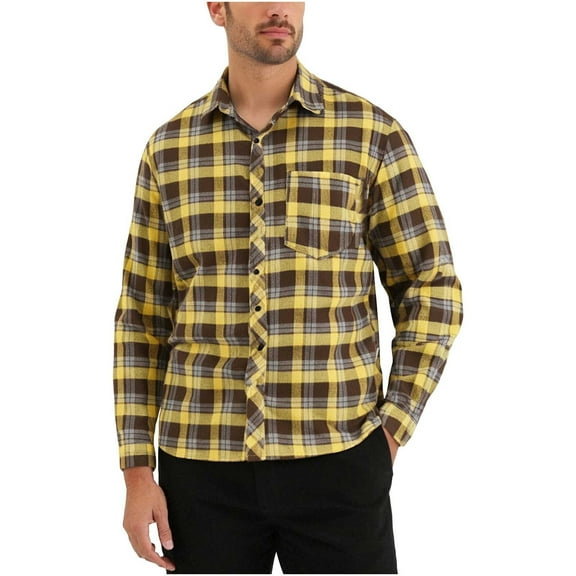 LNWUY (M-5XL) Men's Vintage Plaid Shirts Casual Button Down Flannel Shirts Pocket Lapel Plus Size Long Sleeve Shirts Yellow L