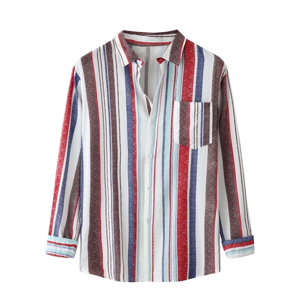 Top de camisa a rayas de manga larga con cuello levantado y bolsillo lateral único para otoño e invierno para hombre Pompotops oipoqjl53327