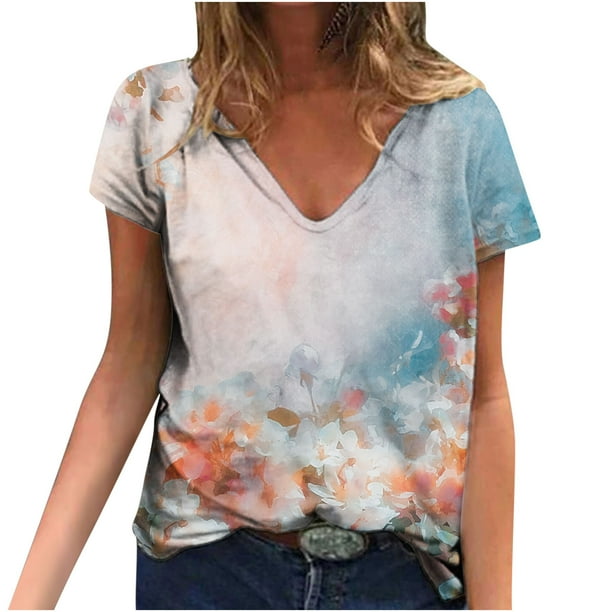 Blusa estampada de verano para mujer, camisetas casuales de manga corta con cuello en V, camisetas Pompotops hkajfhjk472781