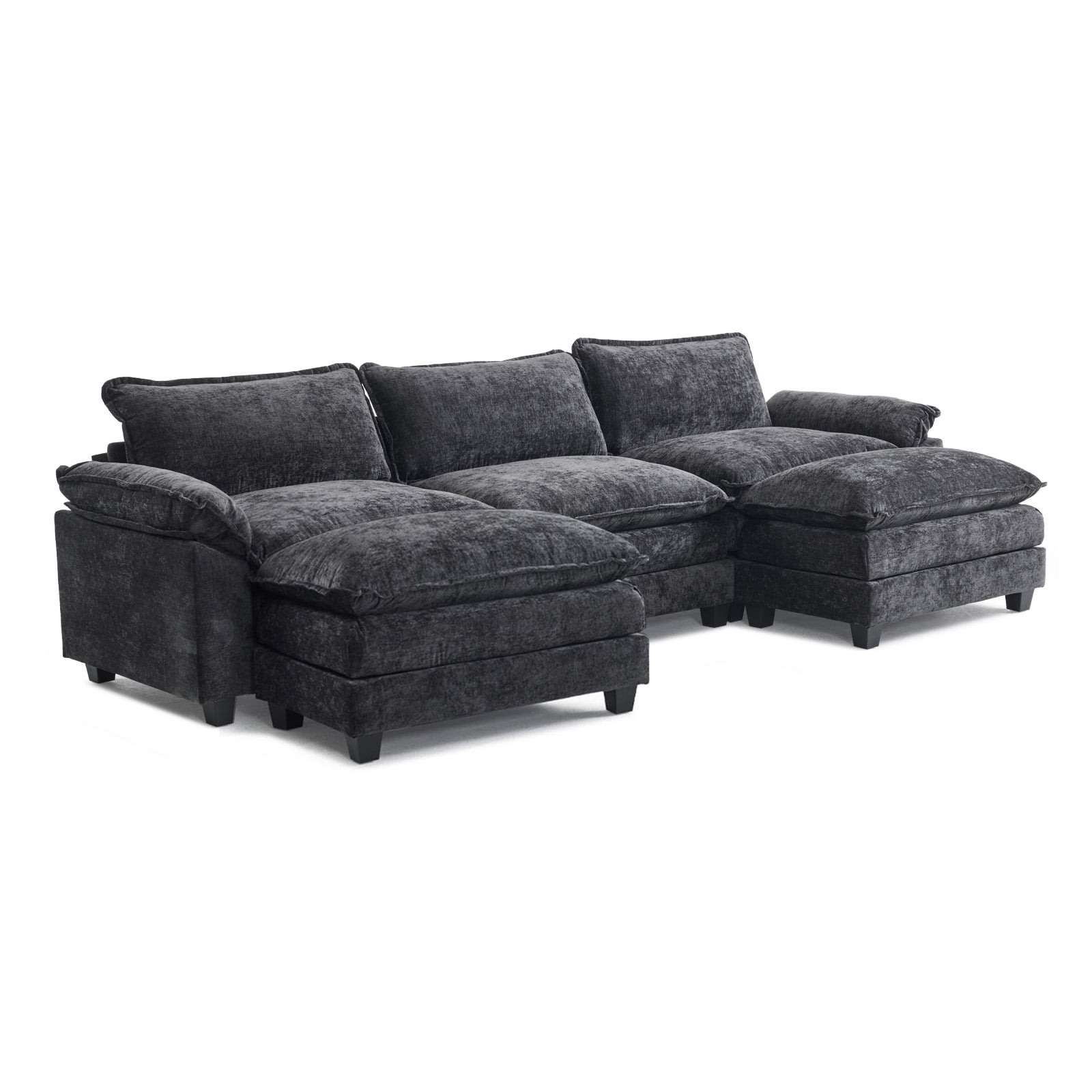 Ktaxon 120" W Sectional Sofa U Shaped Couch with Double Chaise Chenille Sleeper Set with 3 Oversized Seats Black