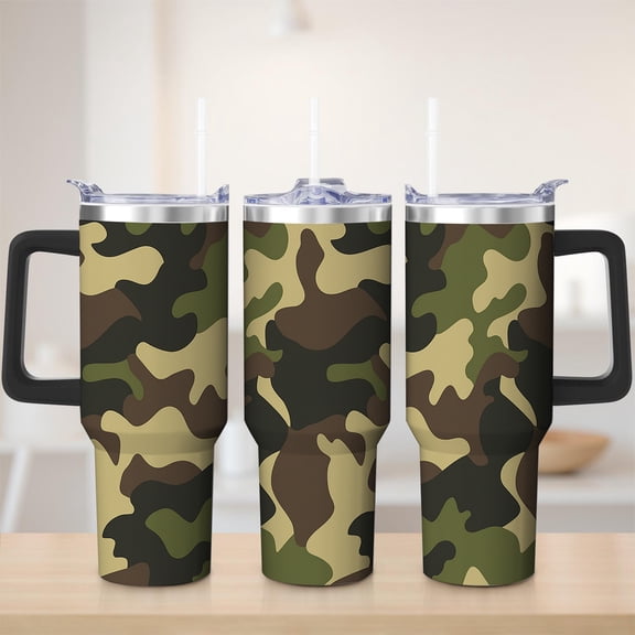 Camouflage Pattern Stainless Steel Insulated Mug with Lid and Handle, 30oz