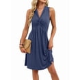thumbnail image 2 of Women'S Twist Front V Neck Ruffle Summer Dress Elegant Sleeveless Club Party Tunic Bodycon Mini Dresses Navy Blue S, 2 of 9