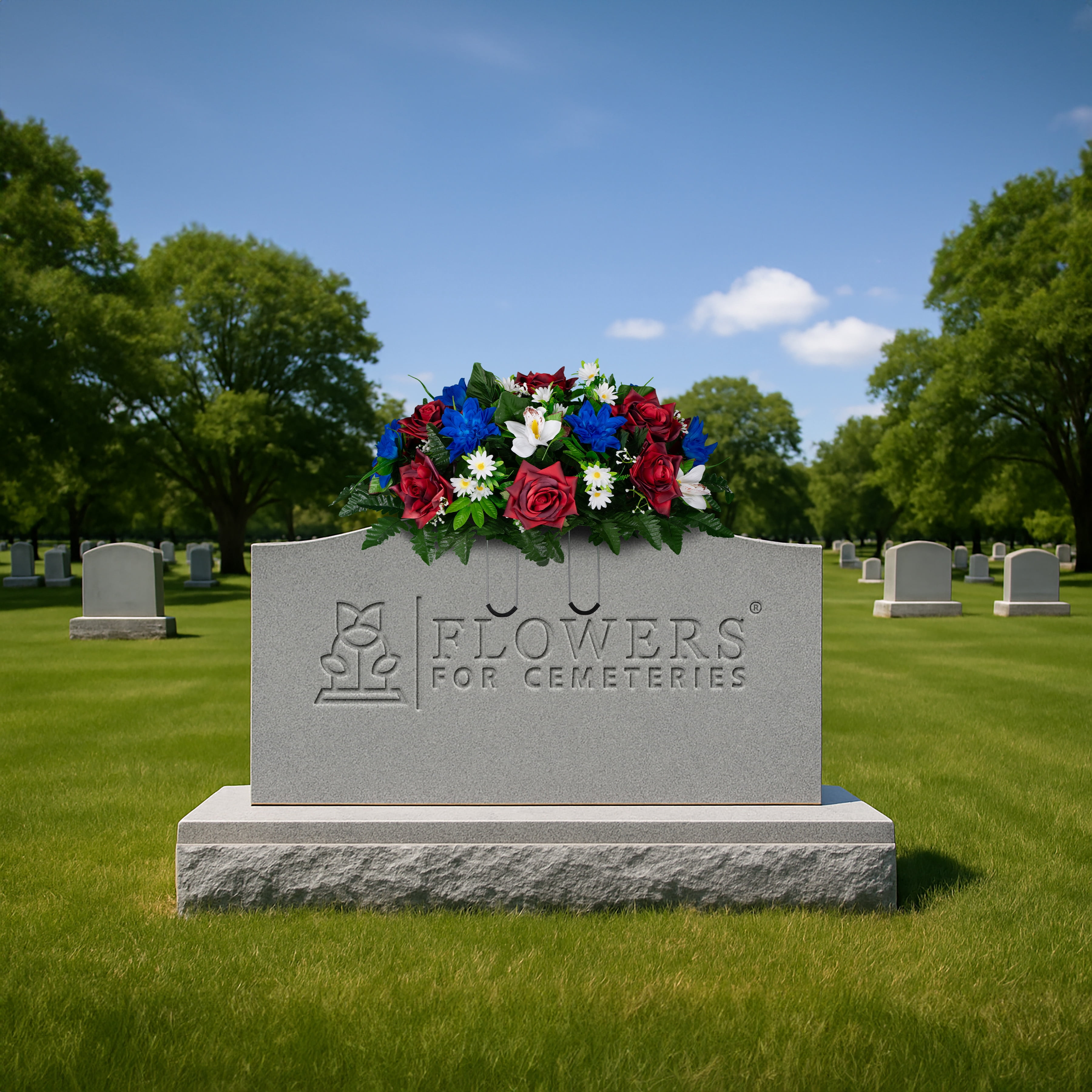 Sympathy Silks Artificial Cemetery Flowers - Red Open Roses White Orchids and Blue Dahlias - Outdoor Saddle for Headstone