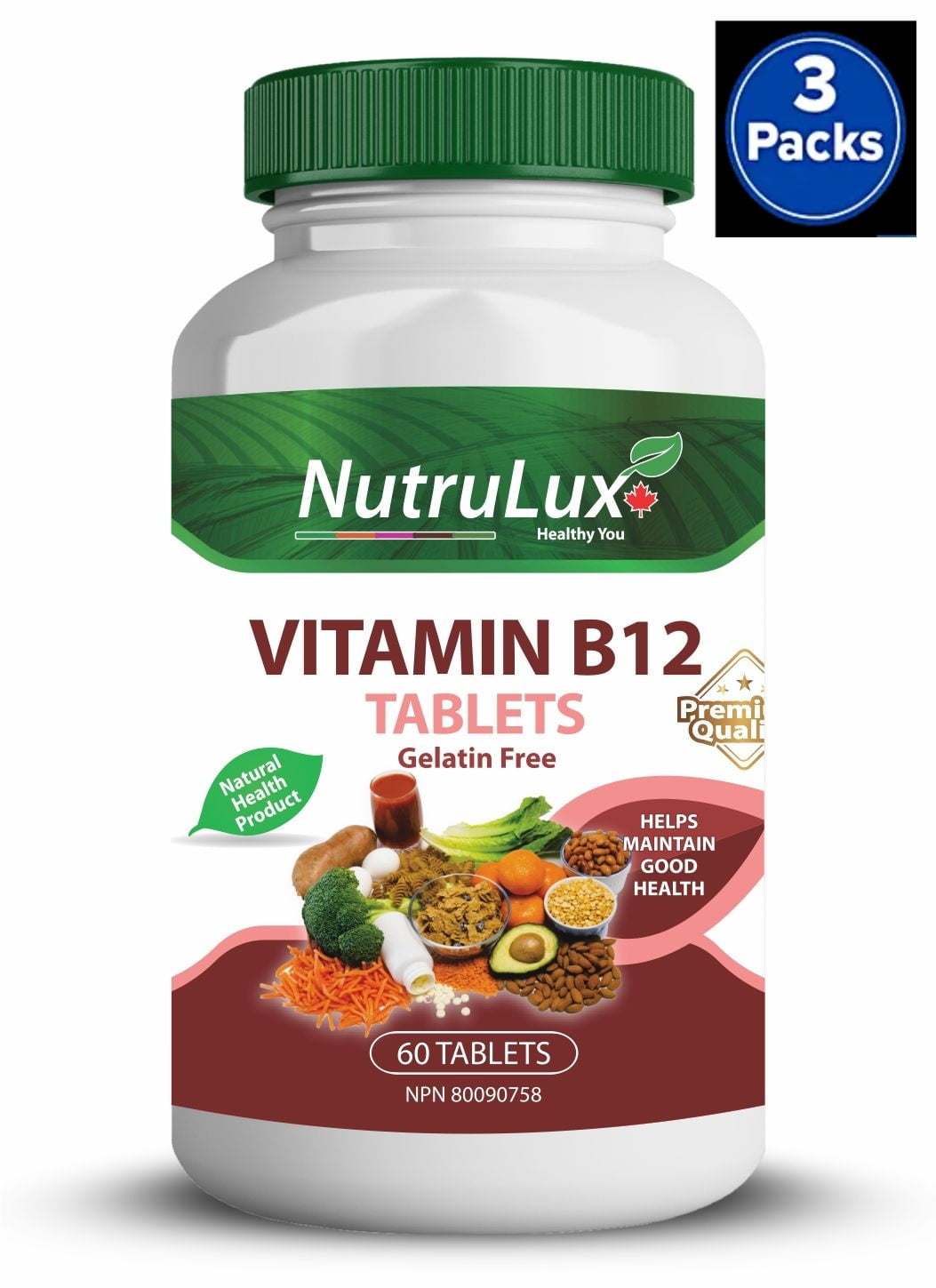 NutruLux Vitamin B12 ( 1000 mg Vitamin B12 ) Halal Gelatin Free Tablets(Pack of 3)