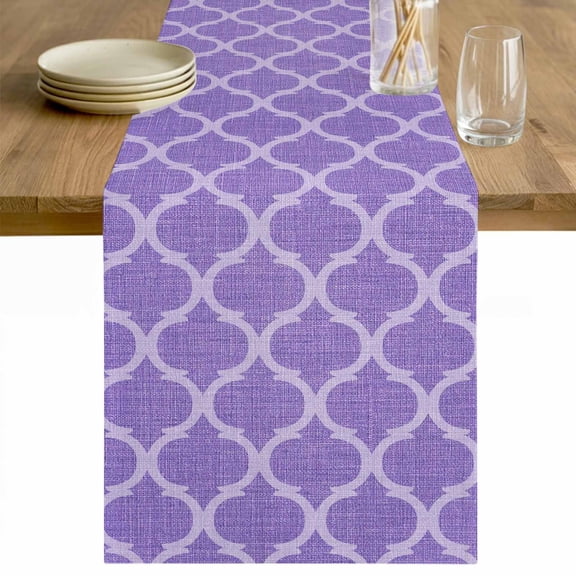Purple Moroccan Table Runner - 48 Inch Long Boho Ethnic Abstract Quatrefoil Motifs Cotton and Linen Blended Dress Scarves Farmhouse Table Runner for Kitchen Dining, Coffee Table, 13" x 48"