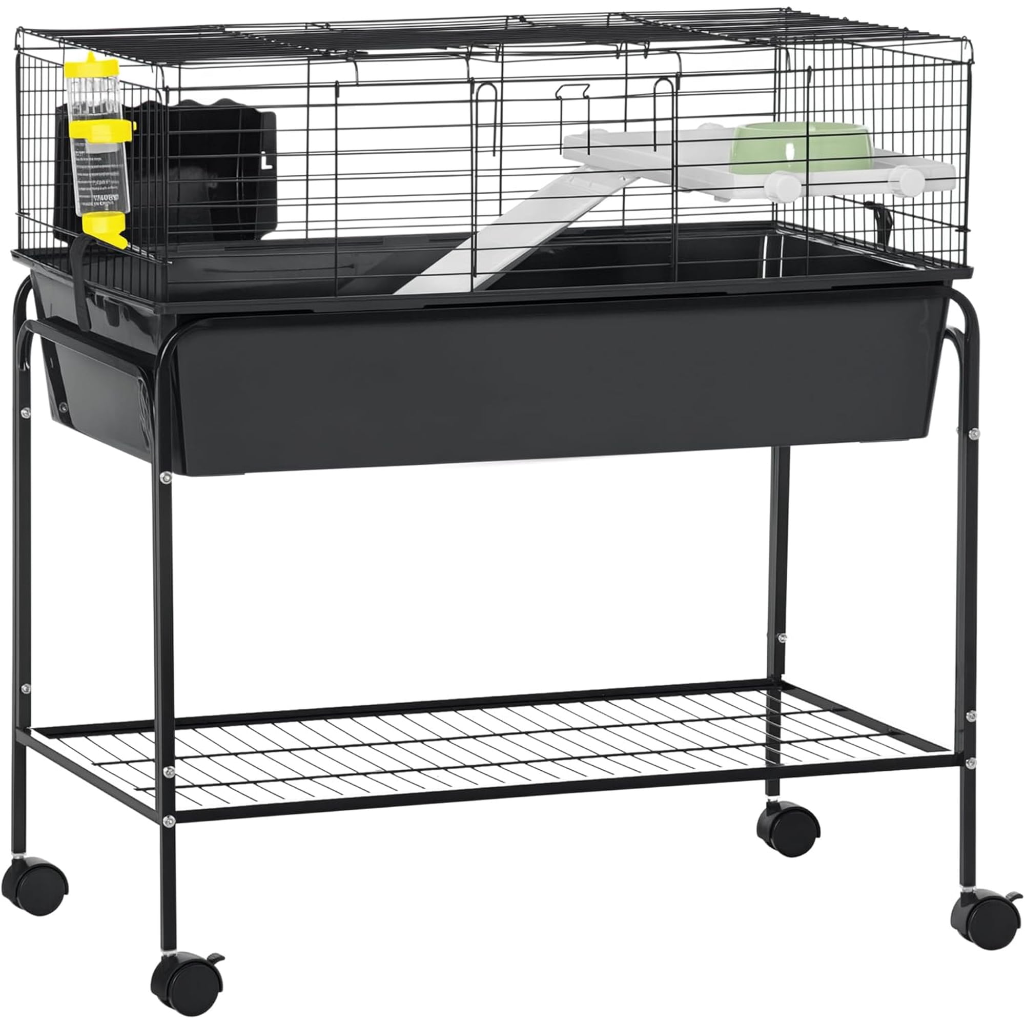 Two-Story Small Animal Cage Removable from Stand, Guinea Pig Cage with Shelf & Wheels, Pet Habitat for Hedgehog, Chinchilla, Ferret, 33" x 18.5" x 35", Black