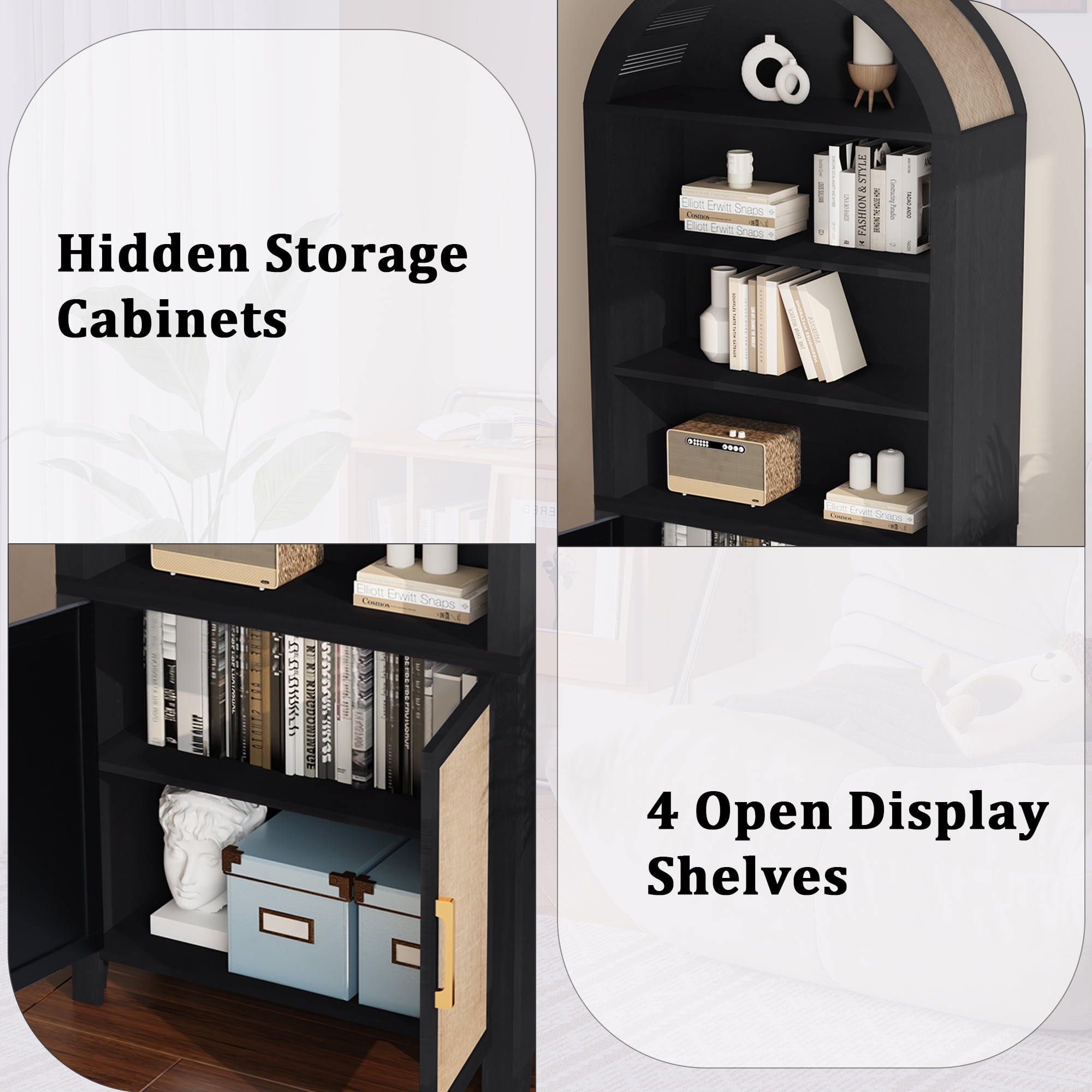 LEFHDA 71" Tall Bookshelf, Arched Bookcase with Doors, Mid-Century Modern 6-Tier Bookshelf with Storage, Rattan Open Display Storage Shelf Bookshelf for Living Room Bedroom & Classroom(Black)