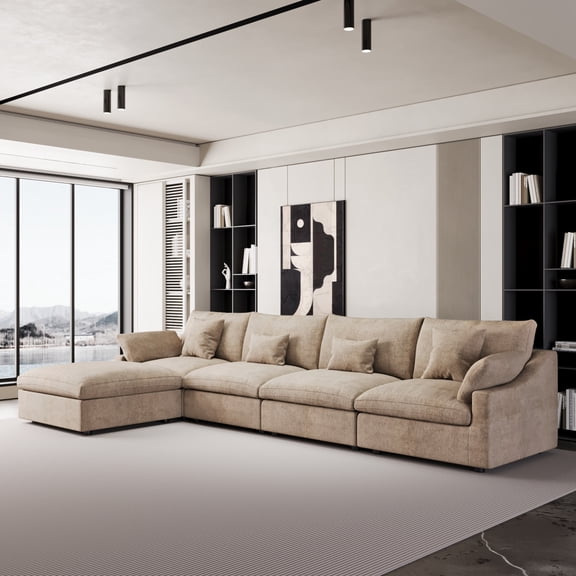 The Magic Home 155" Modular Sofa & Sectional Sofa - L Shaped Deep Seat Cloud Couch in Soft Linen Blend Fabric,Perfect for Apartment & Small Space Living,4-seat Sofa with Ottoman, Khaki Couch